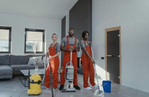 A cleaning crew in a bright living room